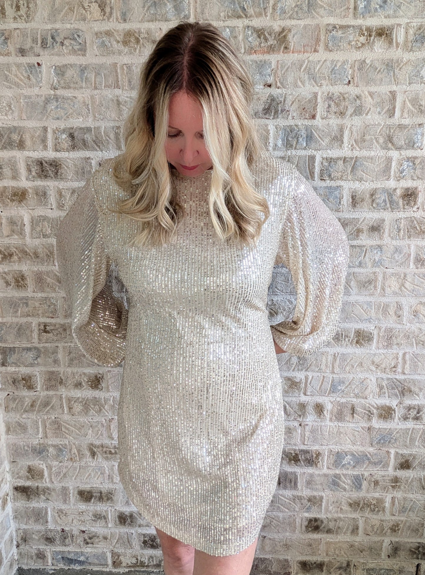 Gold Sequin Mini Dress | Round Neck | Balloon Sleeve | Mardi Gras