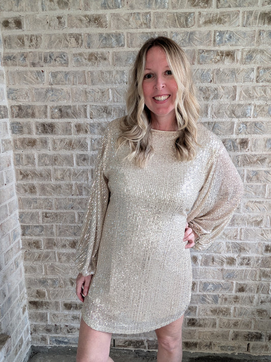 Gold Sequin Mini Dress | Round Neck | Balloon Sleeve | Mardi Gras