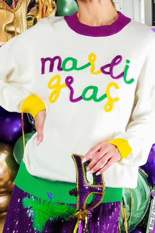 Embordered Mardi Gras Sweater | White