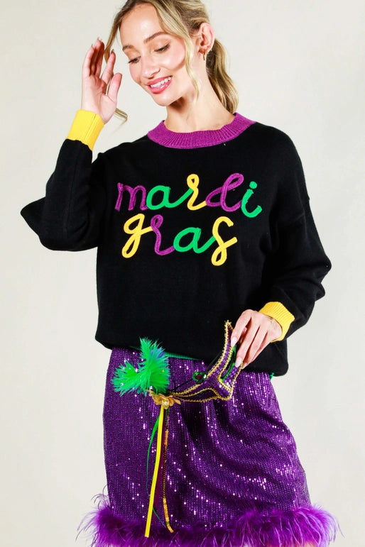 Embordered Mardi Gras Sweater | Black