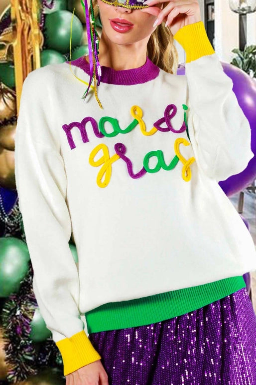 Embordered Mardi Gras Sweater | White