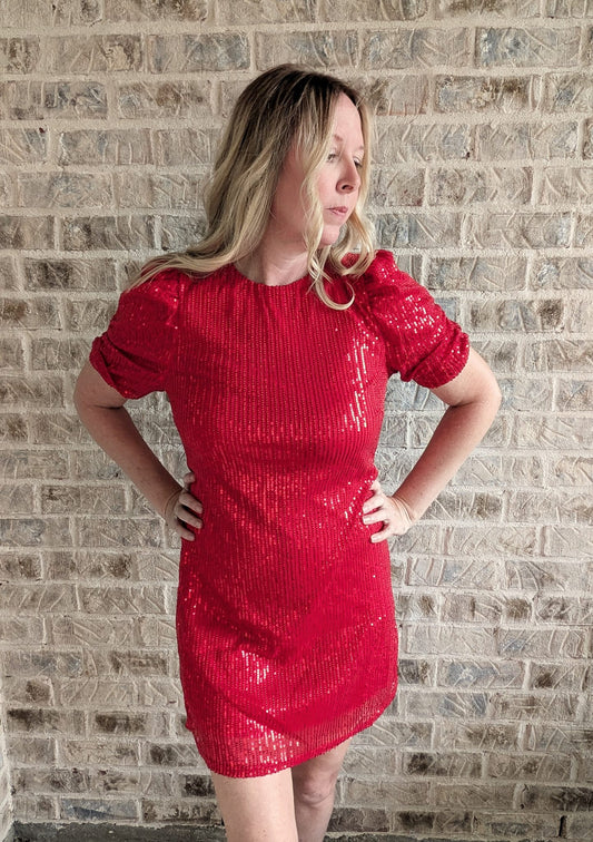 Red Sequin Mini Dress | Round Neck | Valentine's