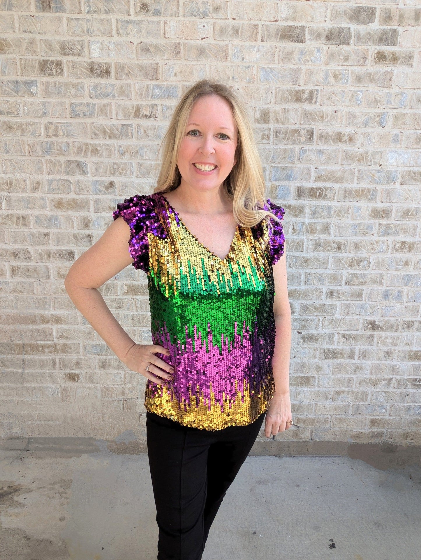 Sequin Top | Ruffle Sleeves | Mardi Gras