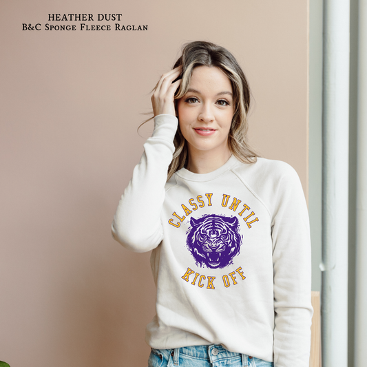 Classy Until Kick Off | Tigers | LSU | Raglan Bella & Canvas Sweatshirt