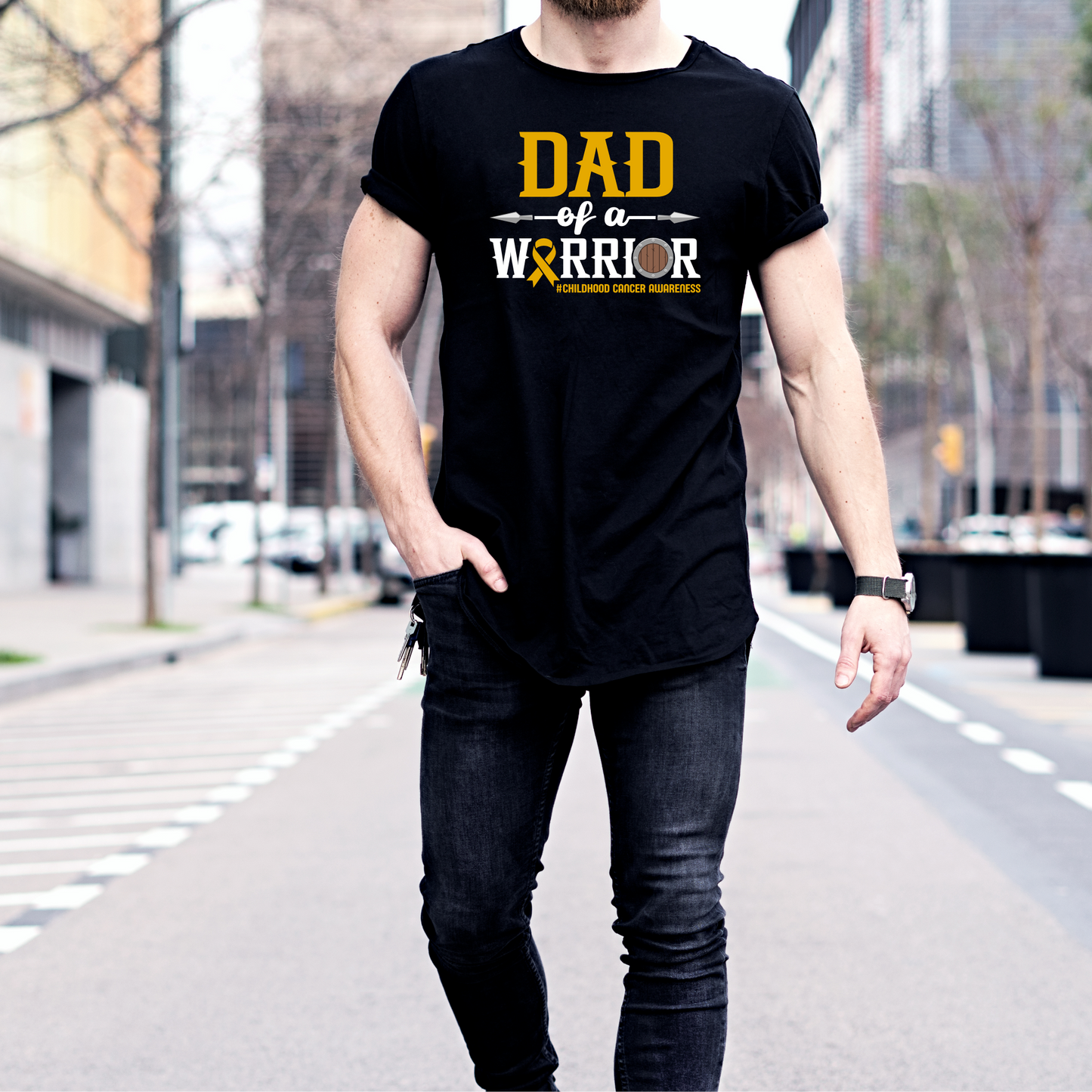 Dad of a Warrior | Childhood Cancer Awareness | Go Gold | Cancer Survivor | Crew Neck Adult Tee