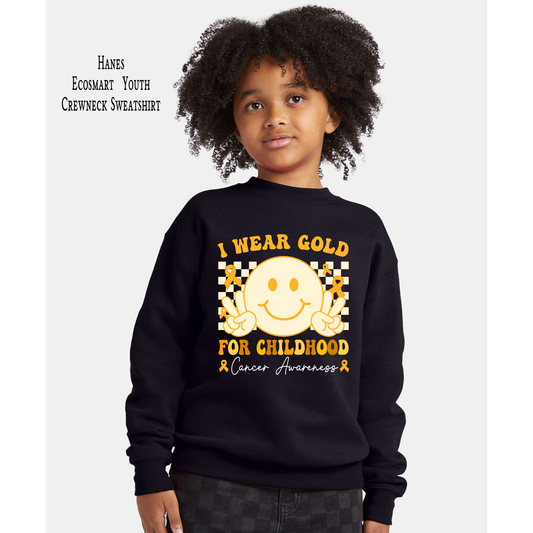 Groovy I wear Gold for Childhood Cancer Awareness | Go Gold | Cancer Survivor | Crew Neck Youth Sweatshirt