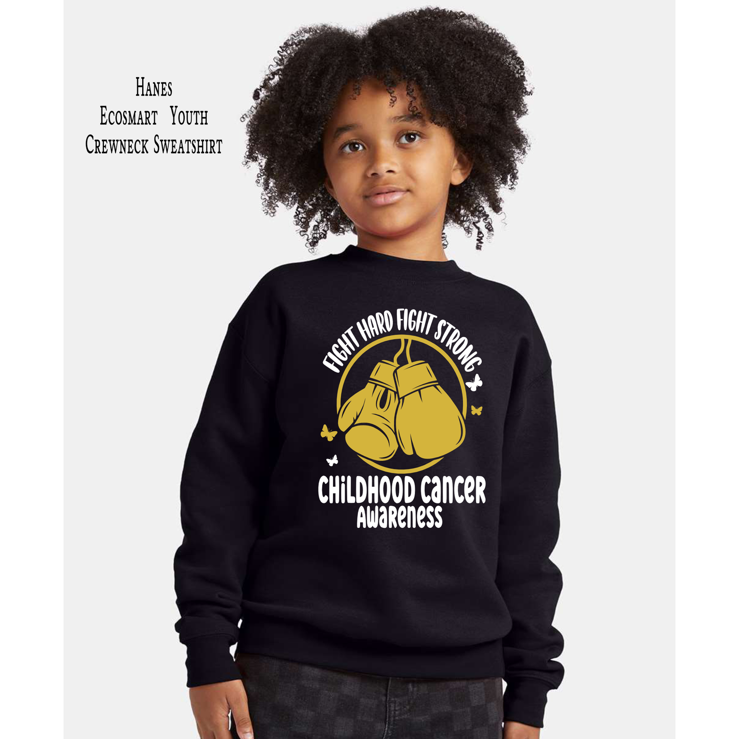 Fight Hard Fight Strong | Childhood Cancer Awareness | Go Gold | Cancer Survivor | Crew Neck Youth Sweatshirt