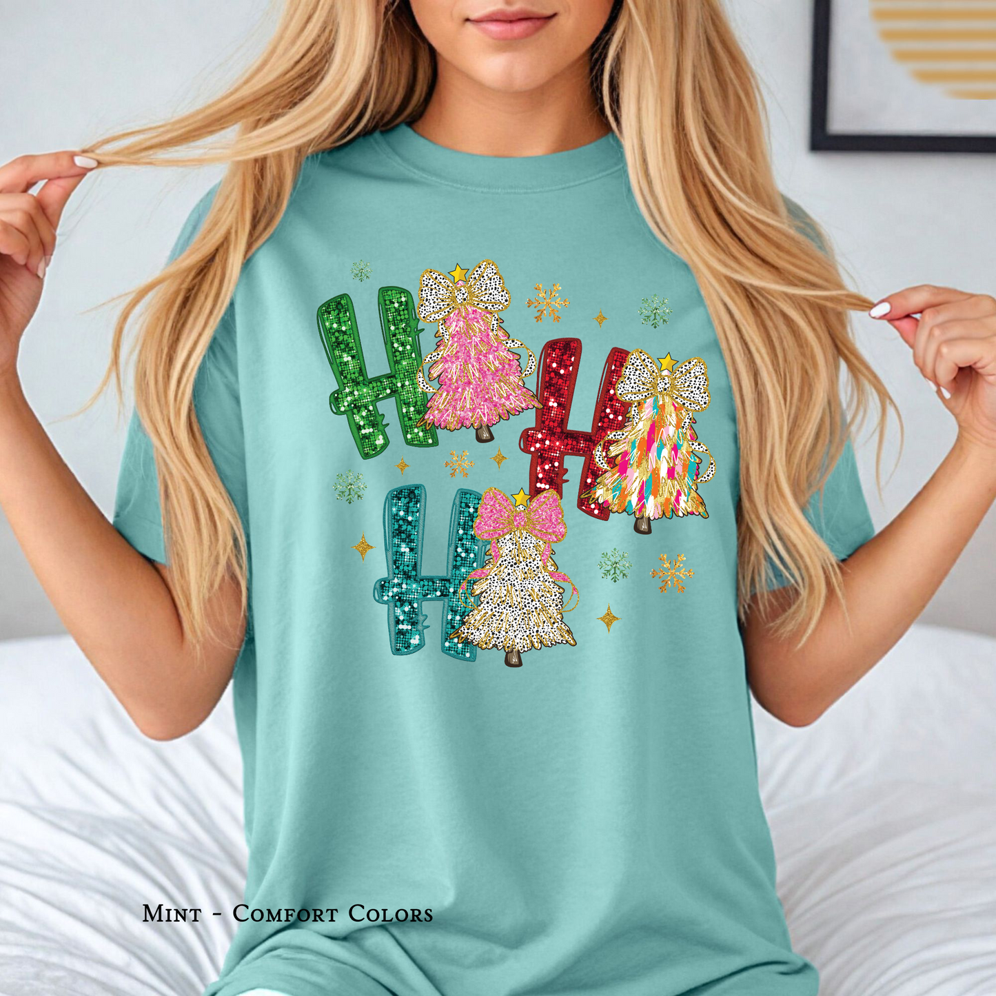 Faux Glitter Ho Ho Ho | Christmas Trees | Christmas Shirt | Holiday Tee | Adult T-shirt