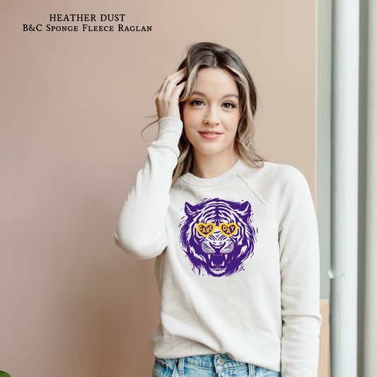 Tiger with Game Day Sunglasses | LSU | Raglan Bella & Canvas Sweatshirt