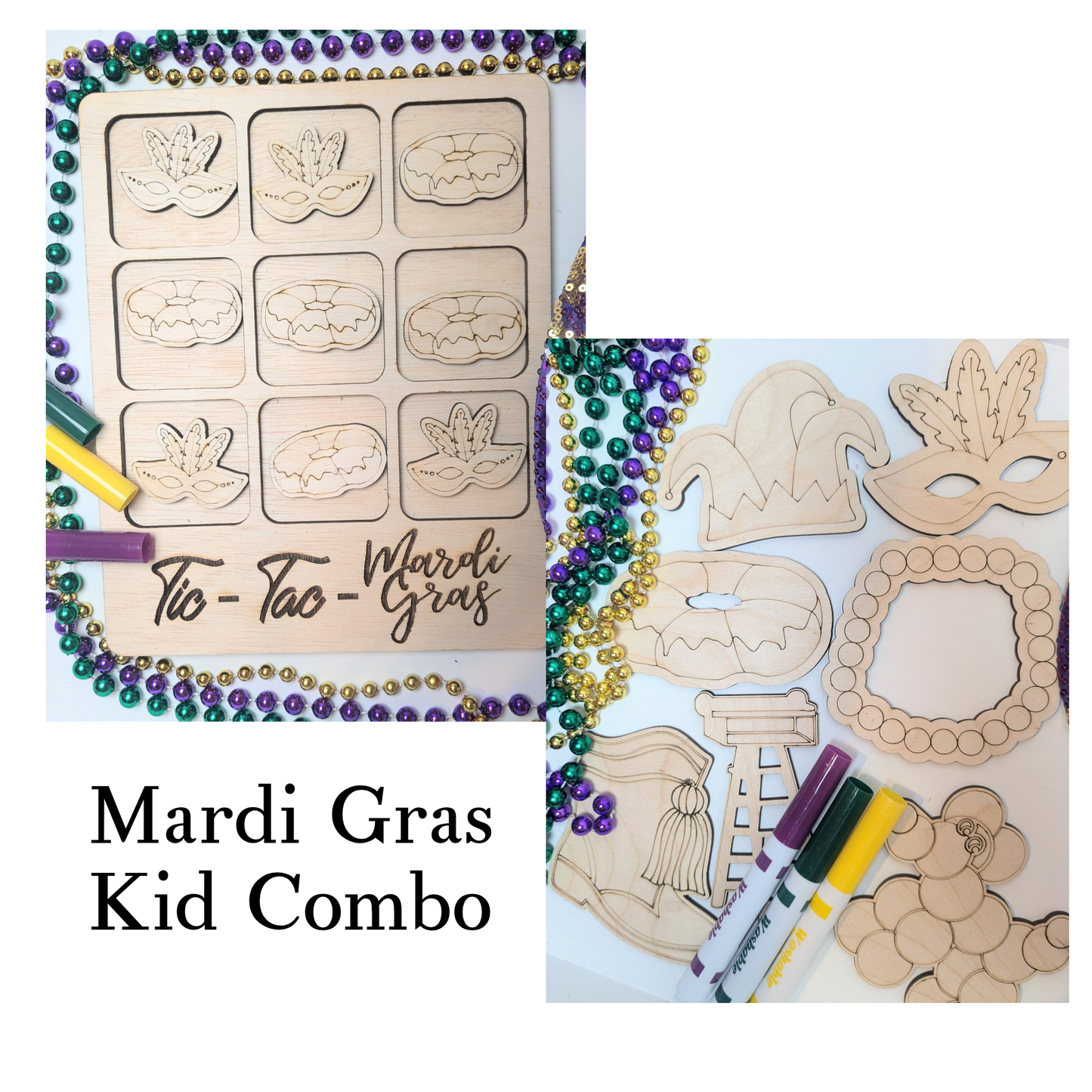 Mardi Gras Kid Combo - Tic Tac Toe and 7-Piece Art Kit | Paint Your Own | Markers Included