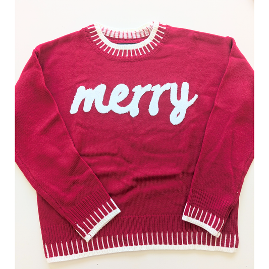 Merry Embroidered Red Soft Sweater | Christmas Sweater | Holiday Sweater