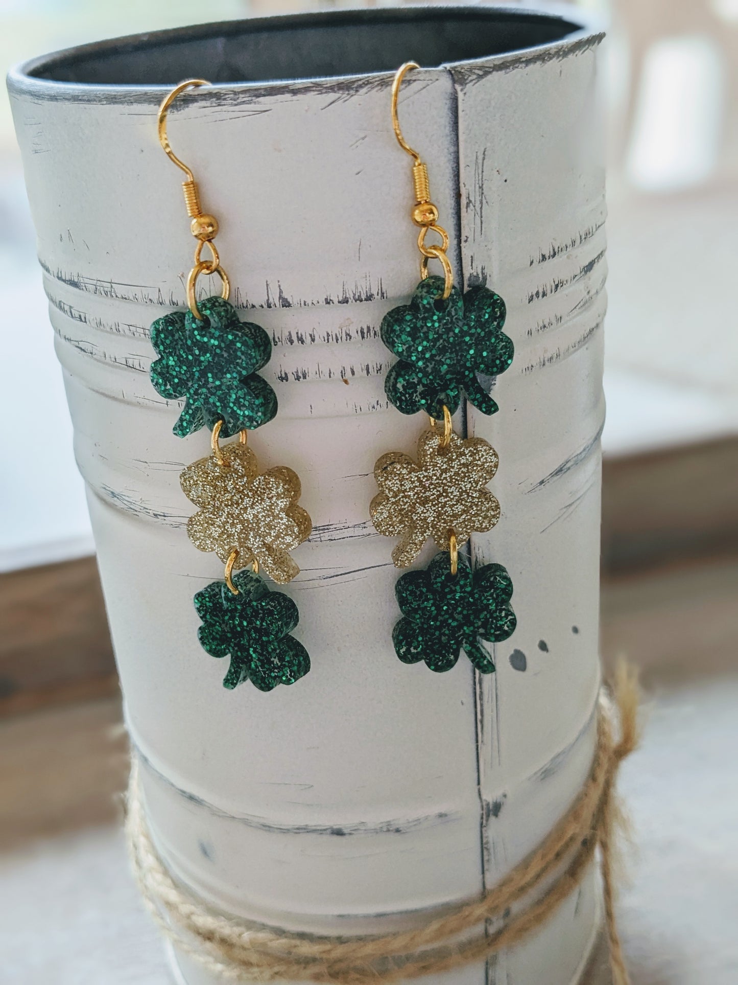 Shamrocks in a Row | Handmade | Acrylic Dangle Earrings | St. Patrick's Day | Hypoallergenic