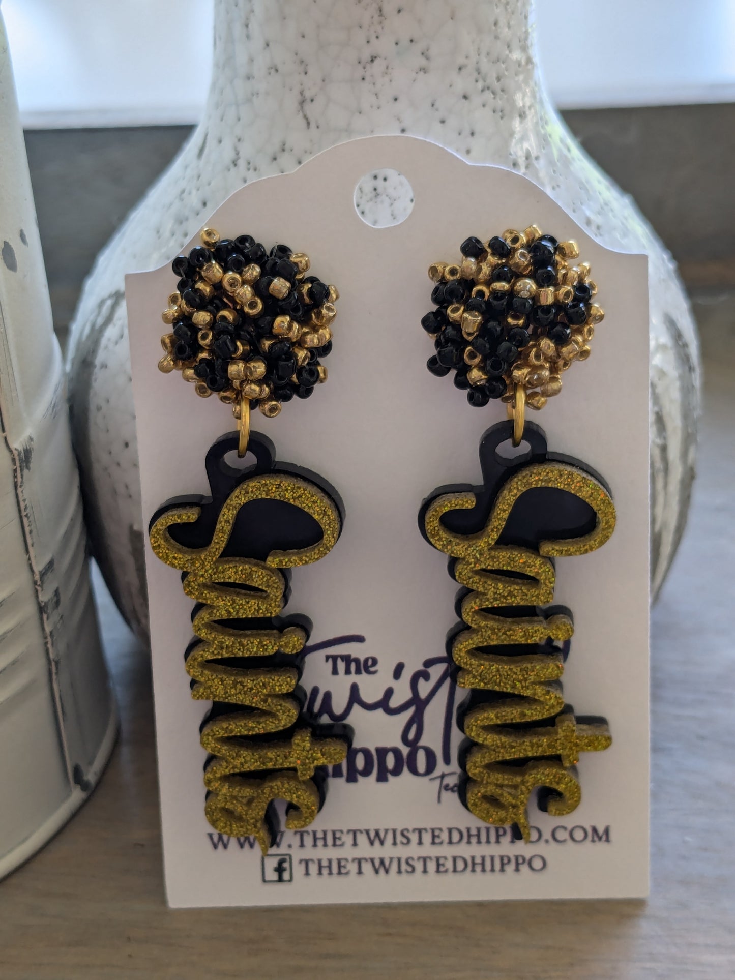 Saints | Black and Gold  Game Day | Dangle Acrylic Handmade Earrings | Beaded Topper