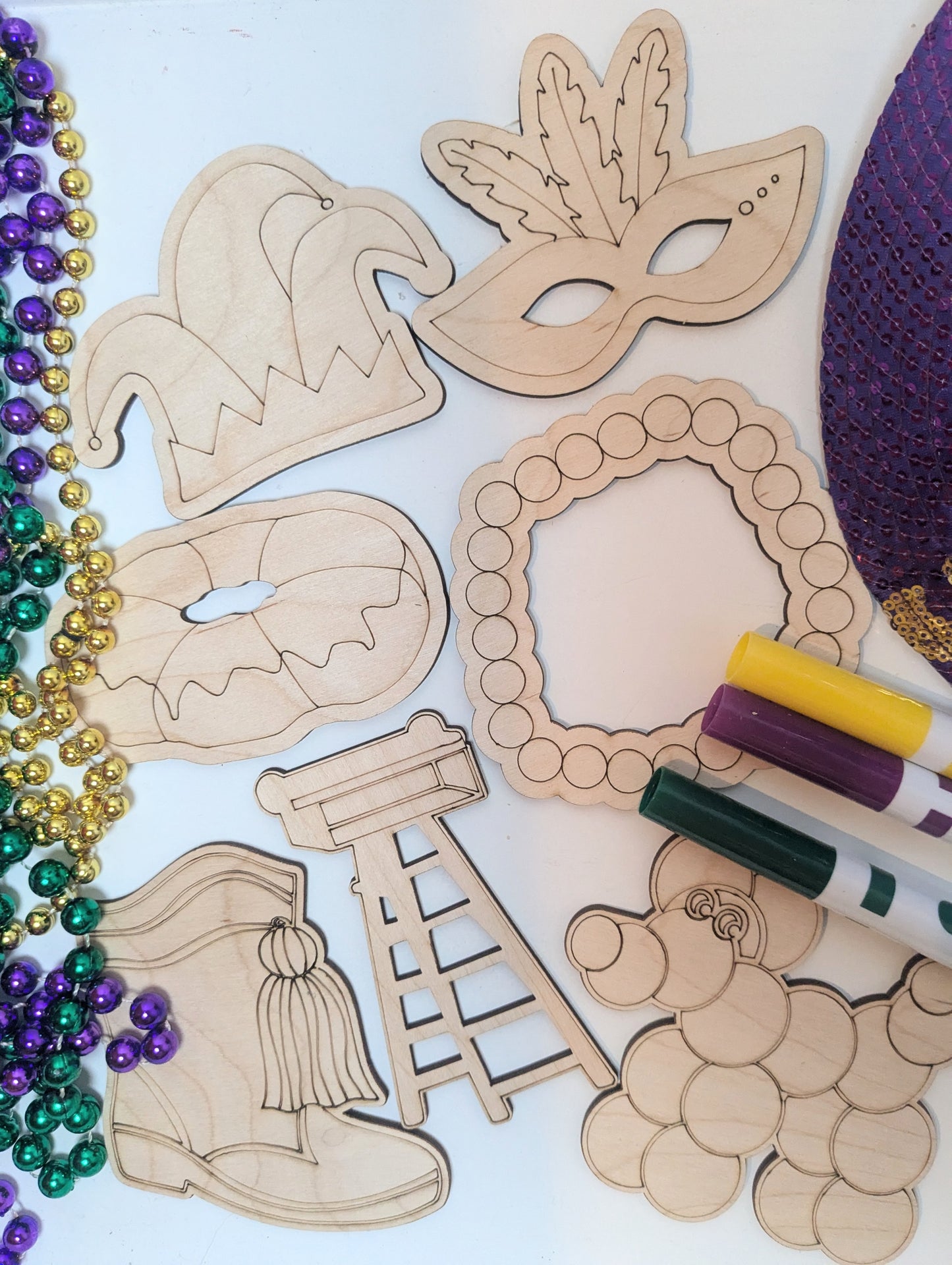 Art Kit | Mardi Gras | Painting Kit | Marching Boots | Bead Dog | Jester Hat | Mask | King Cake | Parade Ladder| 7 Piece Set