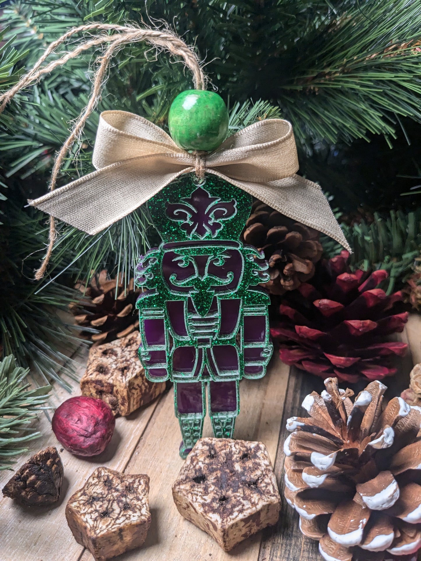 Mardi Gras Acrylic Nutcracker | Christmas Ornament | Purple & Green | NOLA | Fleur De Lis