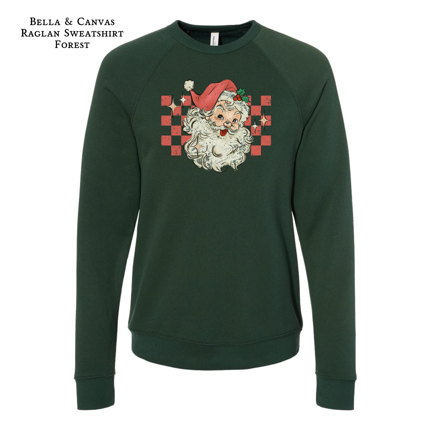 Retro Santa | Checkerboard | Christmas Tee | Holiday Shirt | Raglan Bella & Canvas Sweatshirt