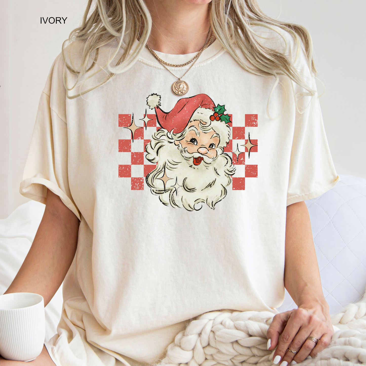 Retro Santa | Checkerboard | Christmas Tee | Holiday Shirt | Adult T-shirt