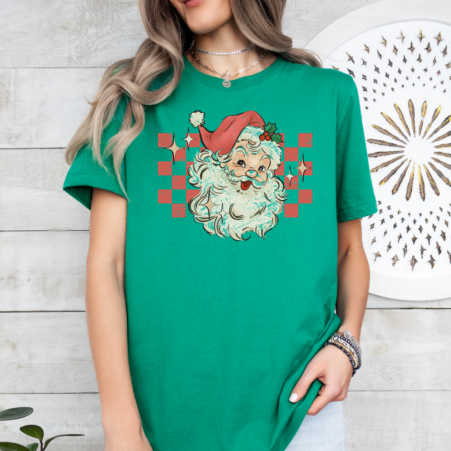 Retro Santa | Checkerboard | Christmas Tee | Holiday Shirt | Adult T-shirt