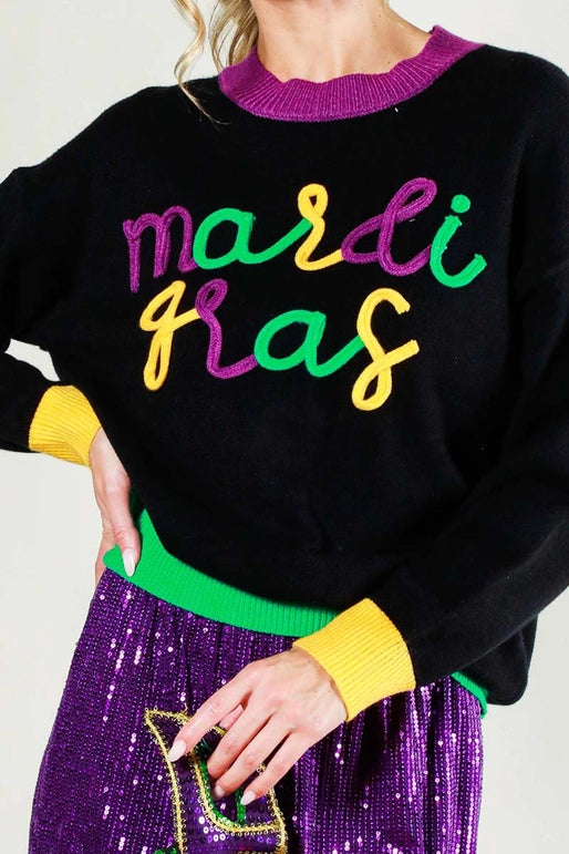 Embordered Mardi Gras Sweater | Black