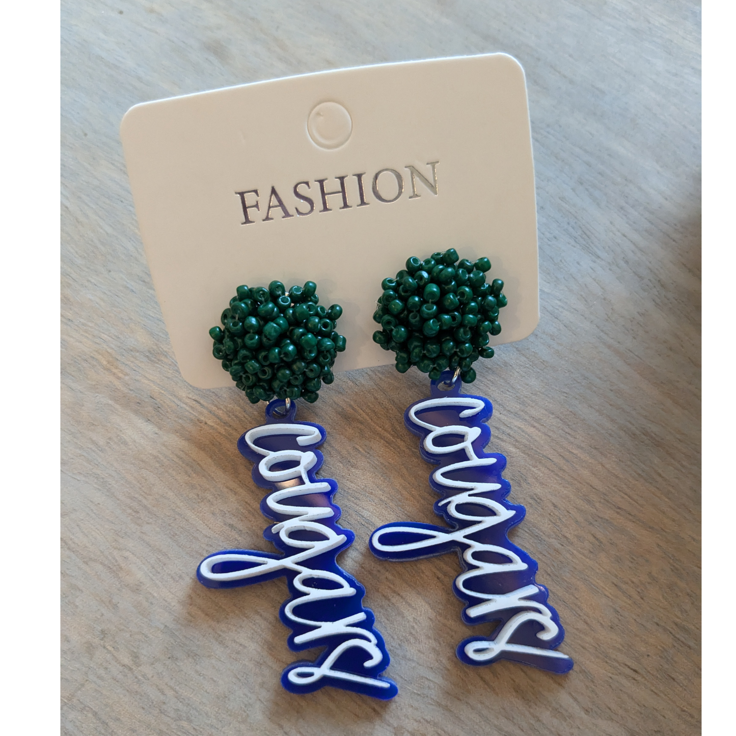 Cougars | Mary Queen of Peace | Game Day | Dangle Acrylic Handmade Earrings | Beaded Topper