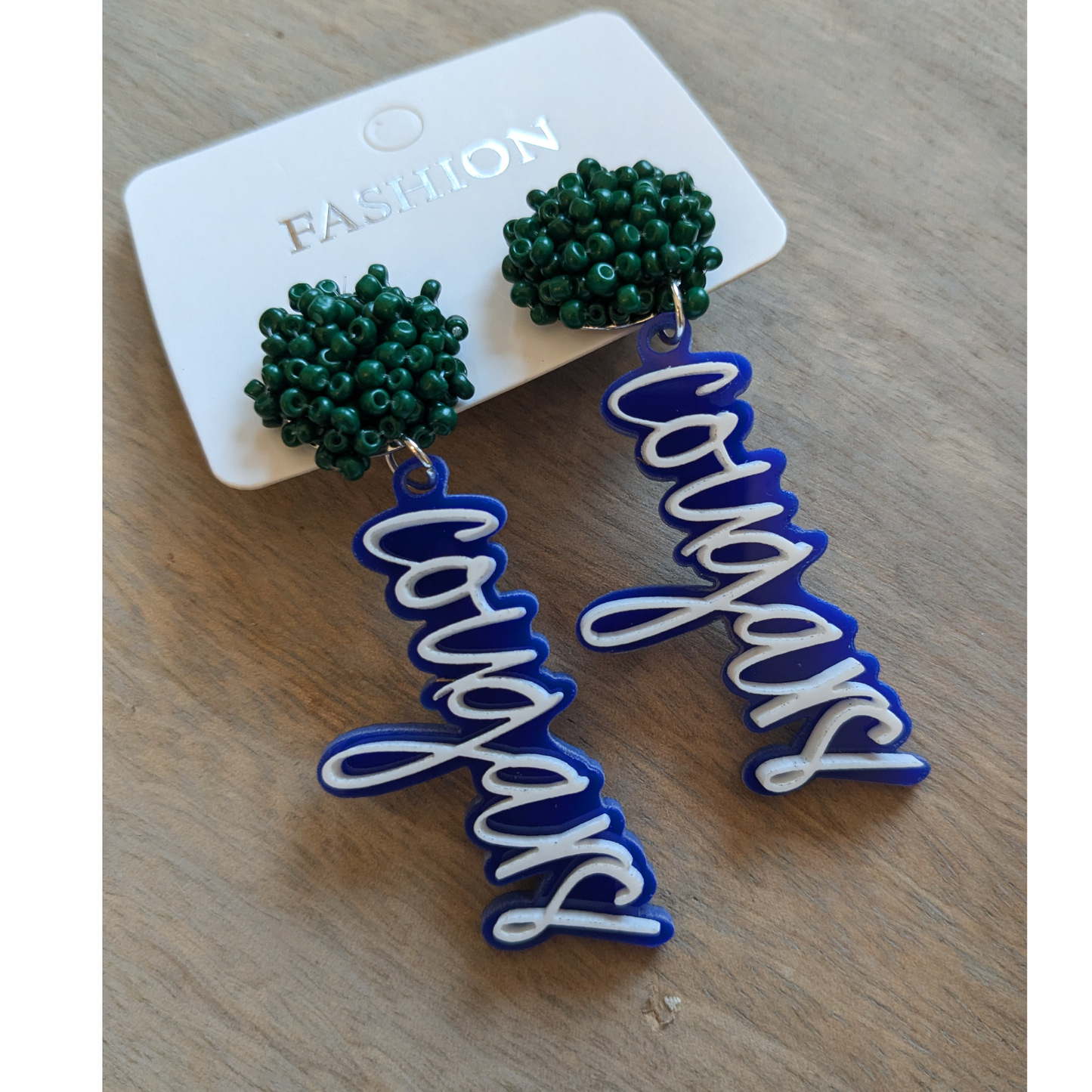 Cougars | Mary Queen of Peace | Game Day | Dangle Acrylic Handmade Earrings | Beaded Topper