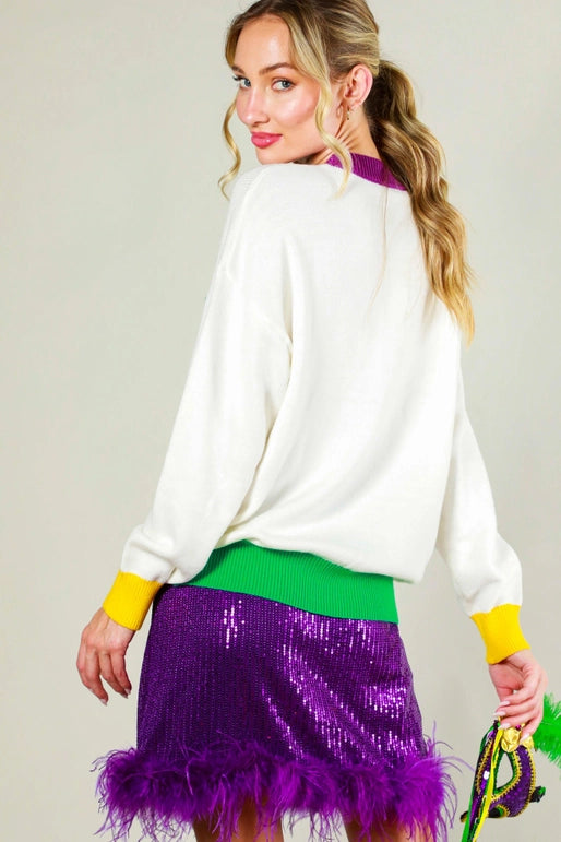 Embordered Mardi Gras Sweater | White