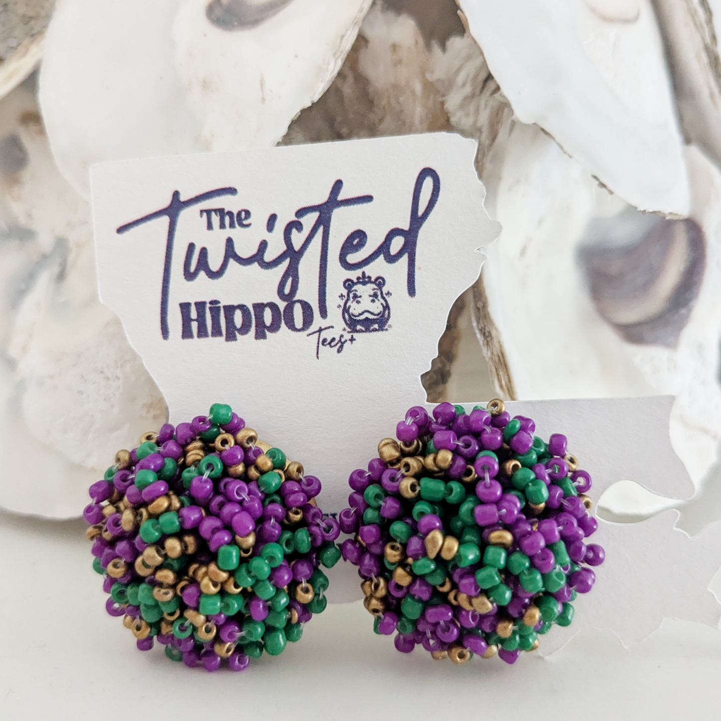 Purple, Green and Gold Beaded Bundle Large Button Earrings | Mardi Gras | 30 mm