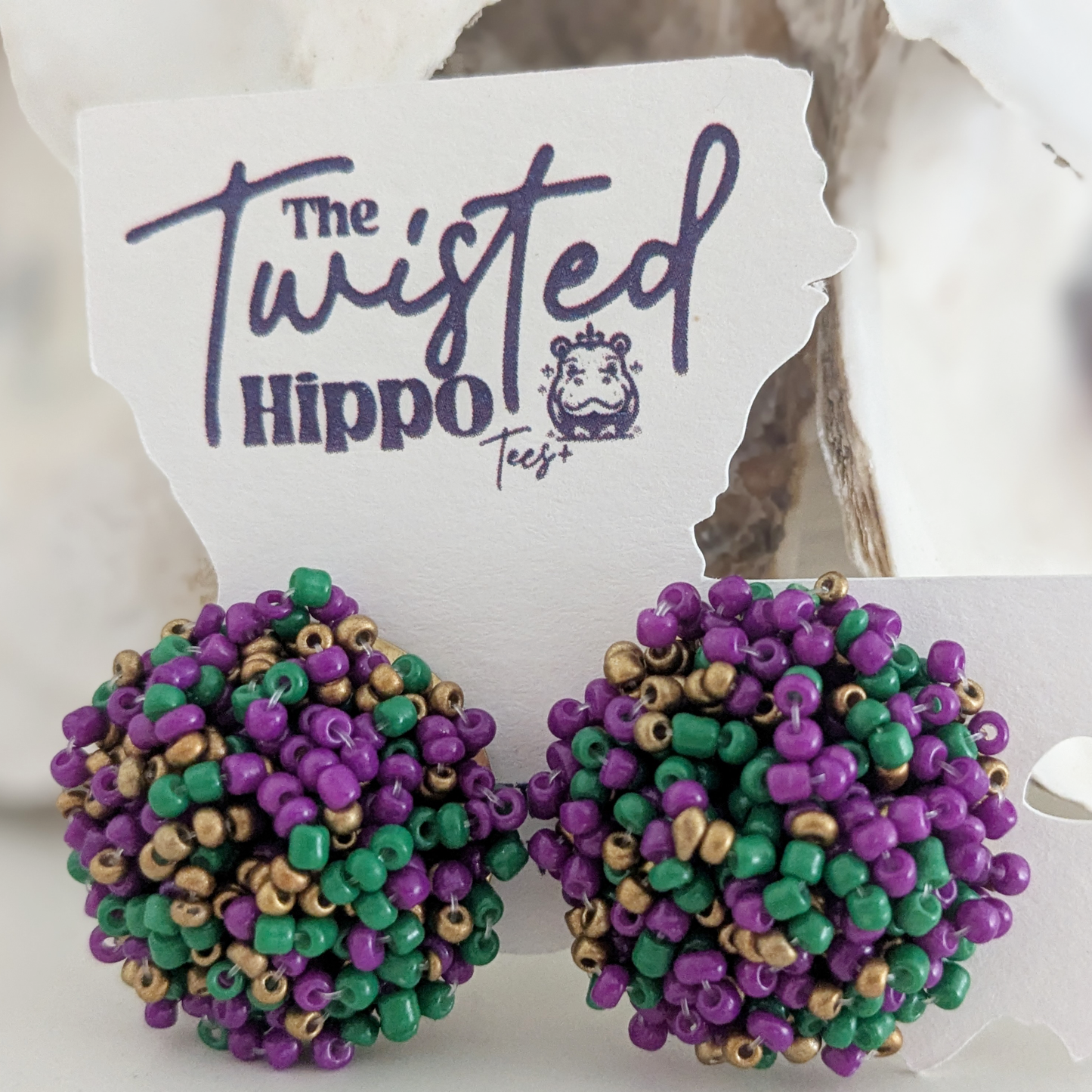 Purple, Green and Gold Beaded Bundle Large Button Earrings | Mardi Gras | 30 mm