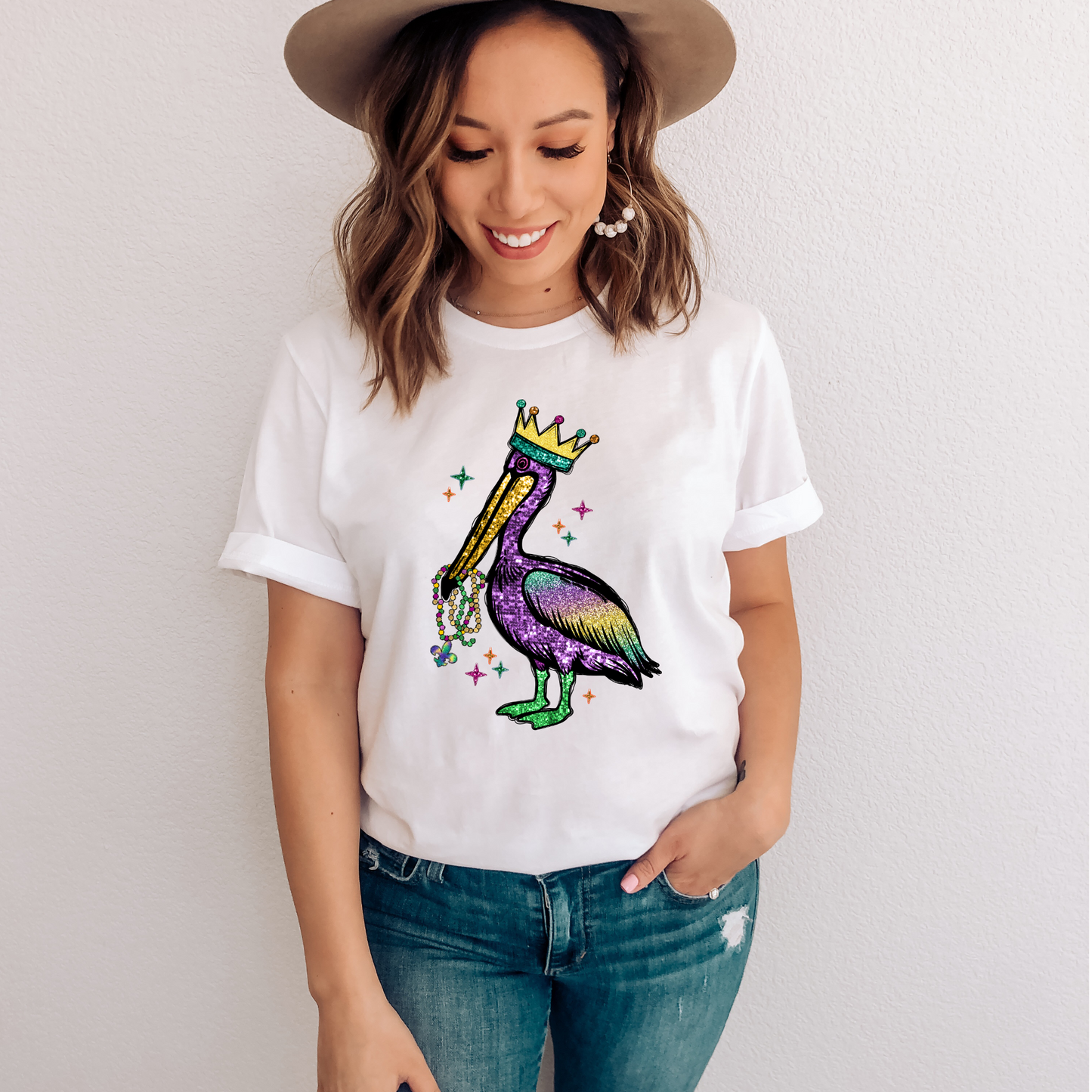 Faux Glitter Pelican | Mardi Gras | Carnival Season | Short Sleeve Tees