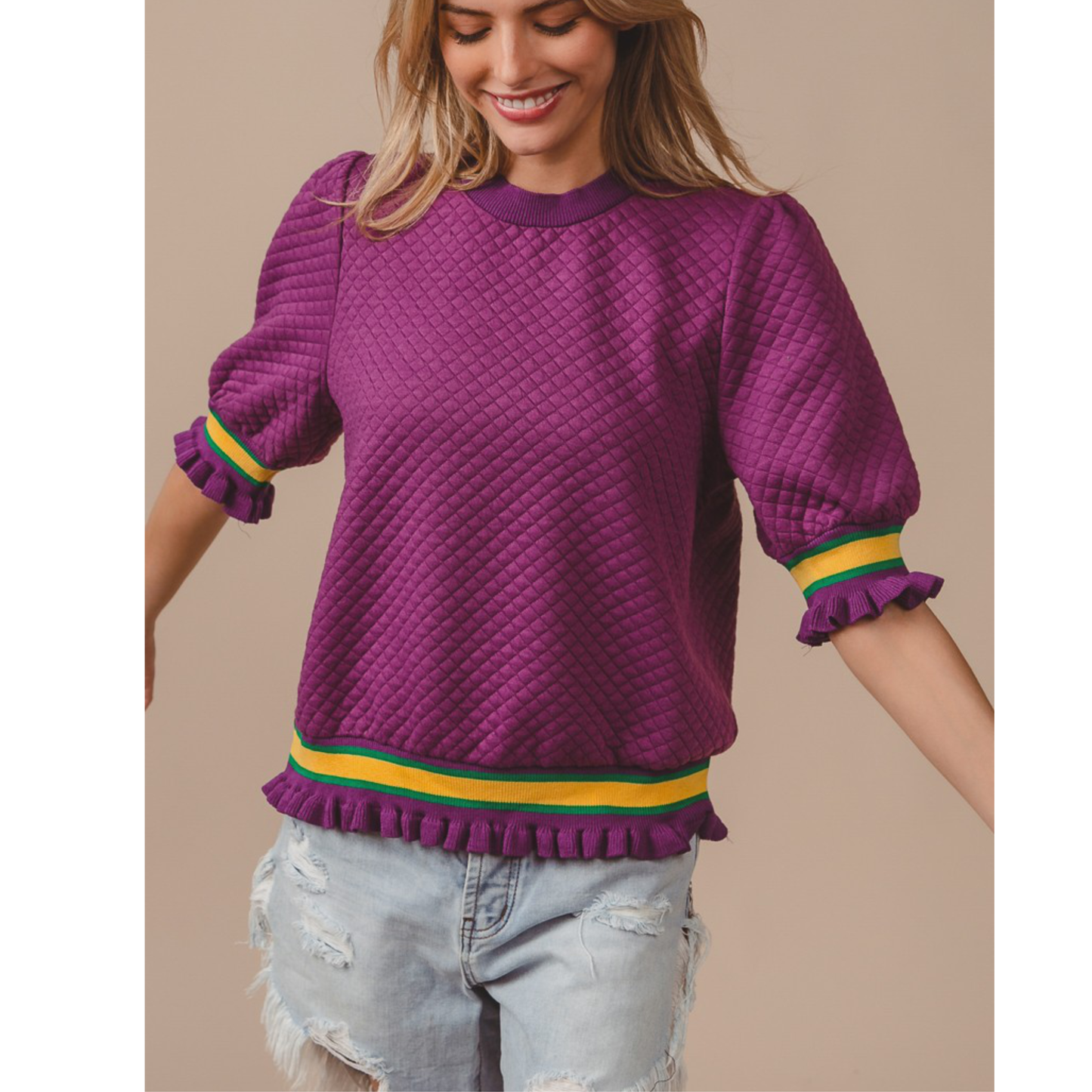 Quilted Knitted Mardi Gras Top | Puffed Sleeve