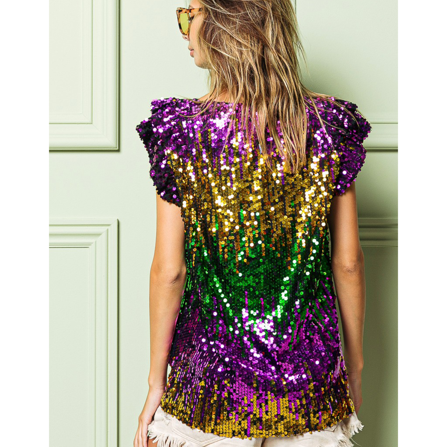 Sequin Top | Ruffle Sleeves | Mardi Gras