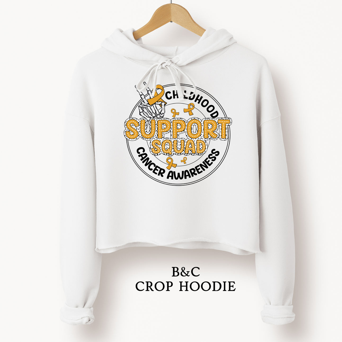 Support Squad | White Adult Crop Top Hoodie | Childhood Cancer Awareness | Go Gold | Cancer Survivor